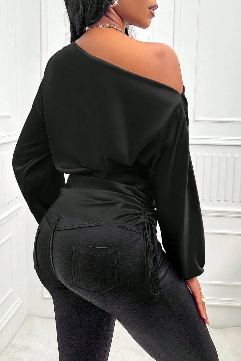 Satin Asymmetric Collar Ruched Waist Long Sleeve Tee - Image 12