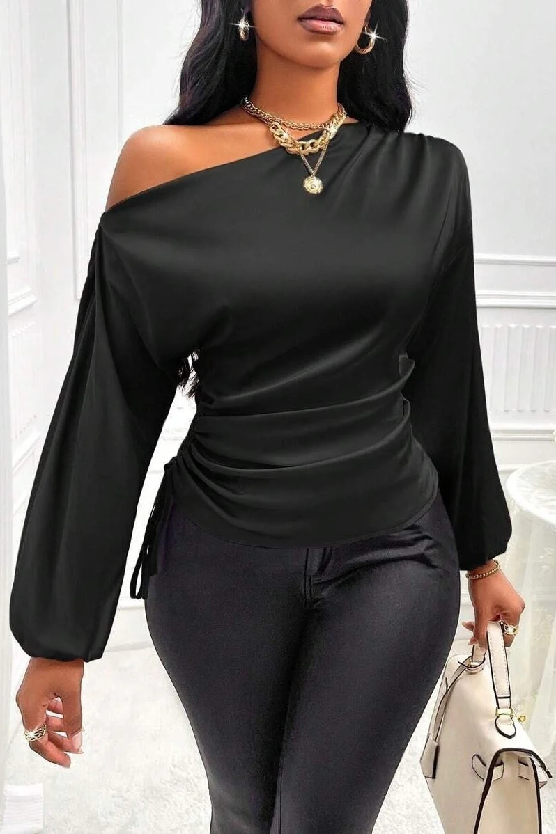 Satin Asymmetric Collar Ruched Waist Long Sleeve Tee - Image 15