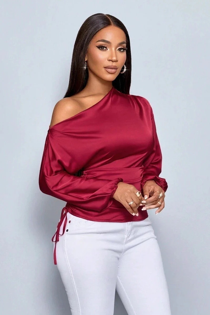 Satin Asymmetric Collar Ruched Waist Long Sleeve Tee - Image 2
