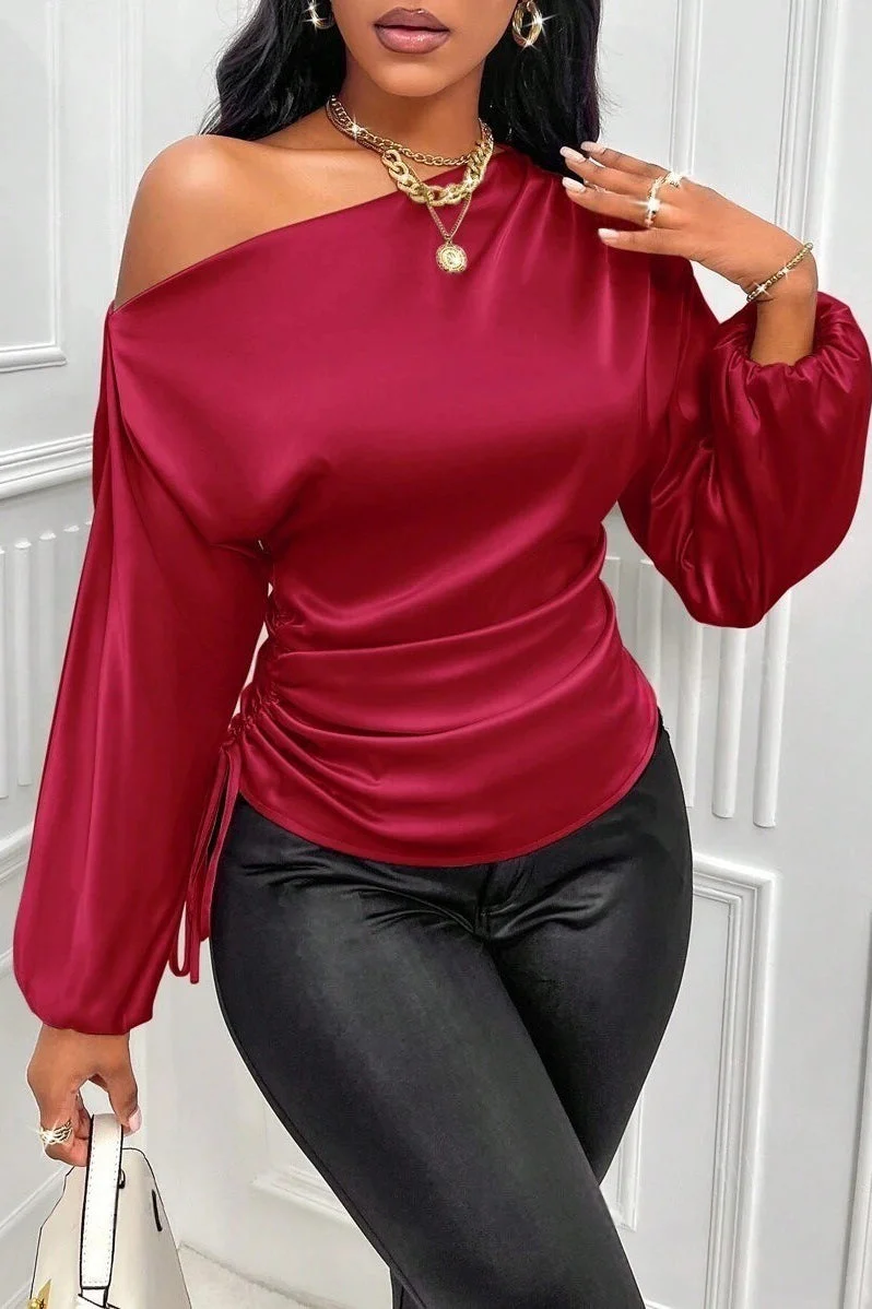 Satin Asymmetric Collar Ruched Waist Long Sleeve Tee - Image 3