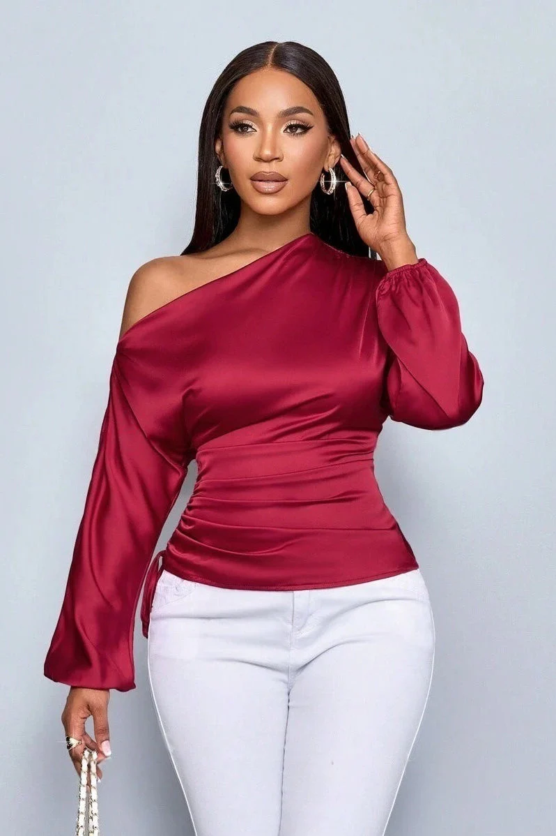 Satin Asymmetric Collar Ruched Waist Long Sleeve Tee - Image 4