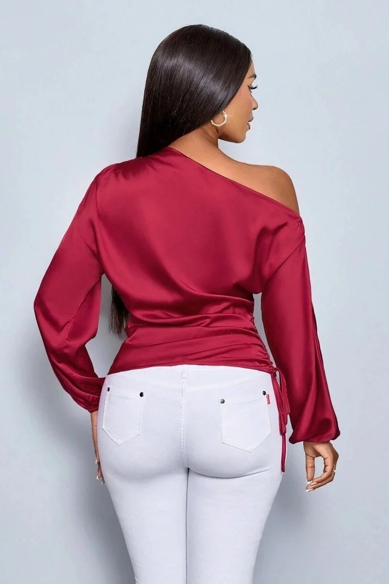 Satin Asymmetric Collar Ruched Waist Long Sleeve Tee - Image 5