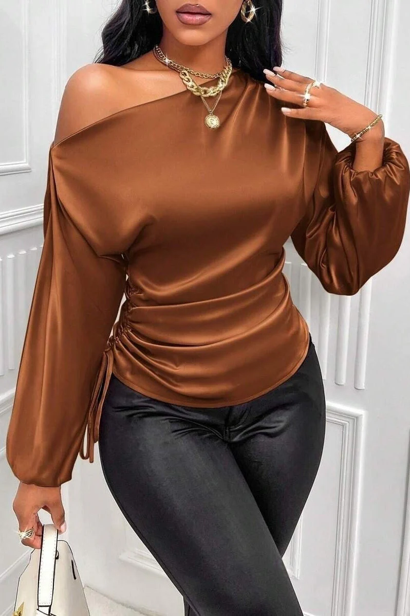 Satin Asymmetric Collar Ruched Waist Long Sleeve Tee - Image 6