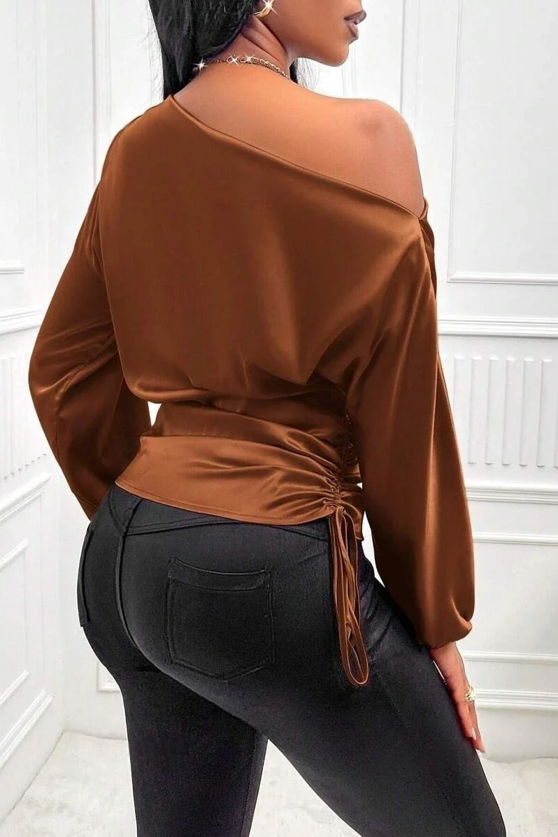 Satin Asymmetric Collar Ruched Waist Long Sleeve Tee - Image 7