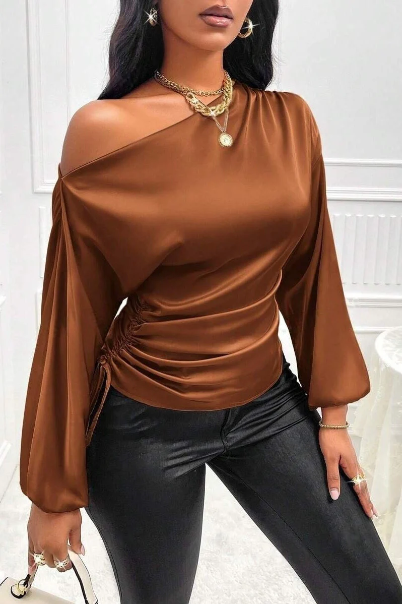 Satin Asymmetric Collar Ruched Waist Long Sleeve Tee - Image 8