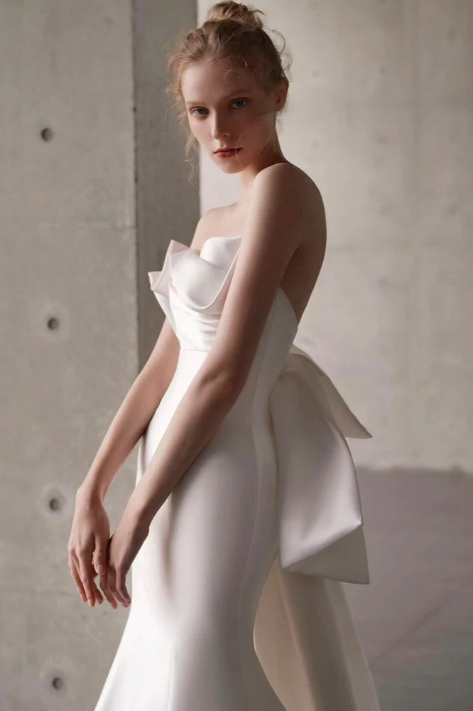 Satin Bandeau Train Bow Wedding Dress - Image 2