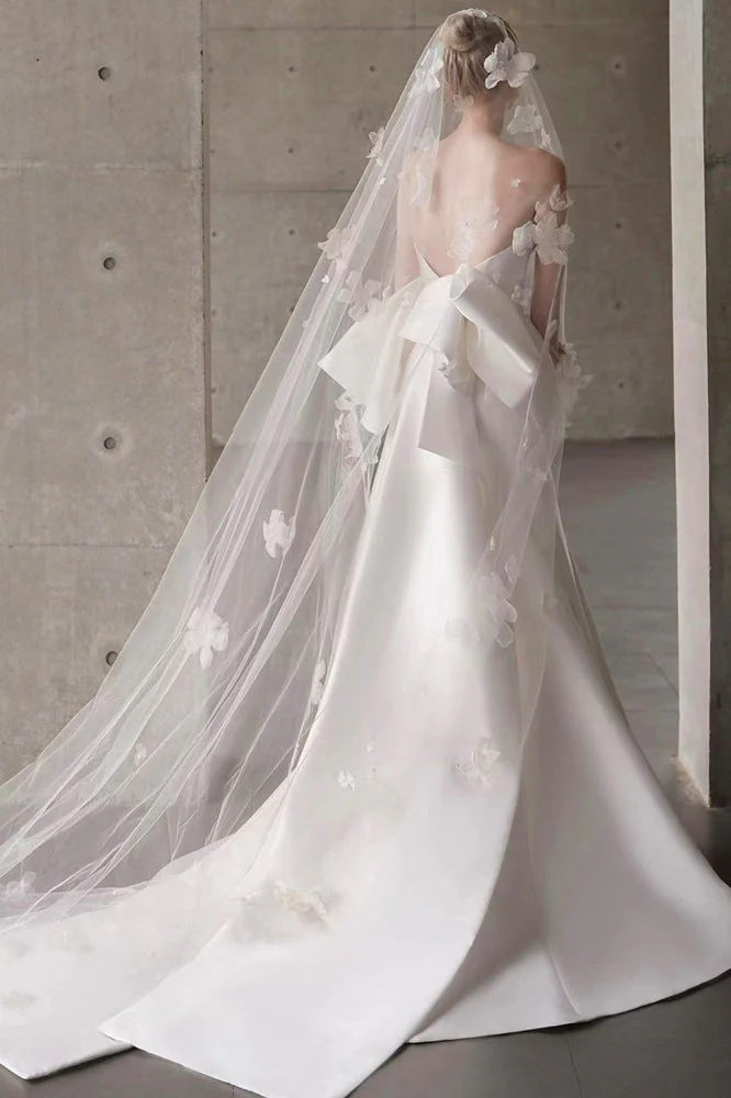Satin Bandeau Train Bow Wedding Dress - Image 3