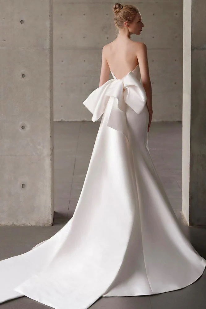 Satin Bandeau Train Bow Wedding Dress - Image 4