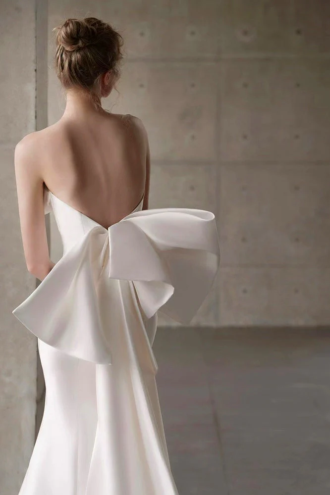 Satin Bandeau Train Bow Wedding Dress - Image 5