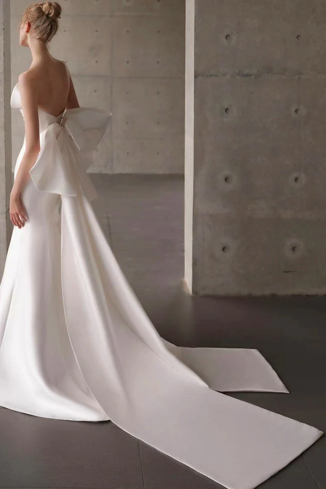 Satin Bandeau Train Bow Wedding Dress - Image 6