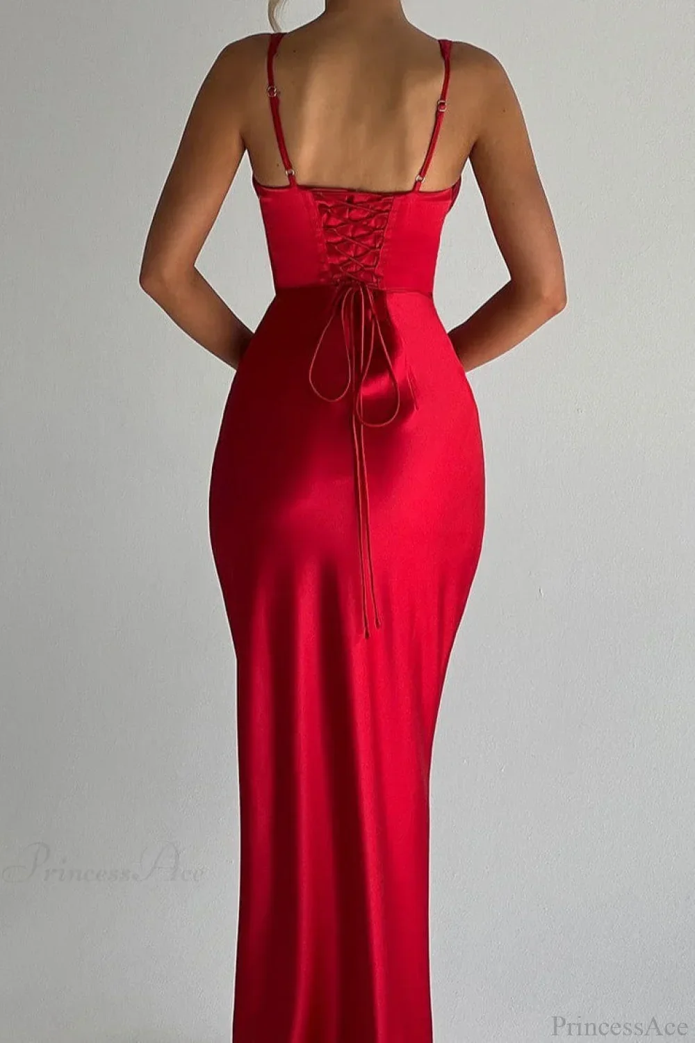 Satin Boned Spaghetti Strap Open Back Evening Dress - Image 5