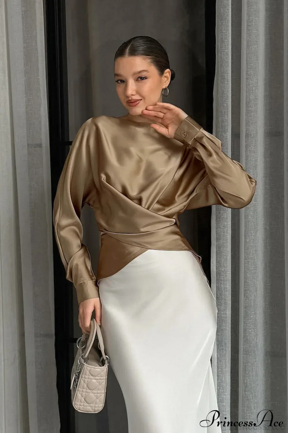Satin Crew Neck Pullover Blouse - Image 2