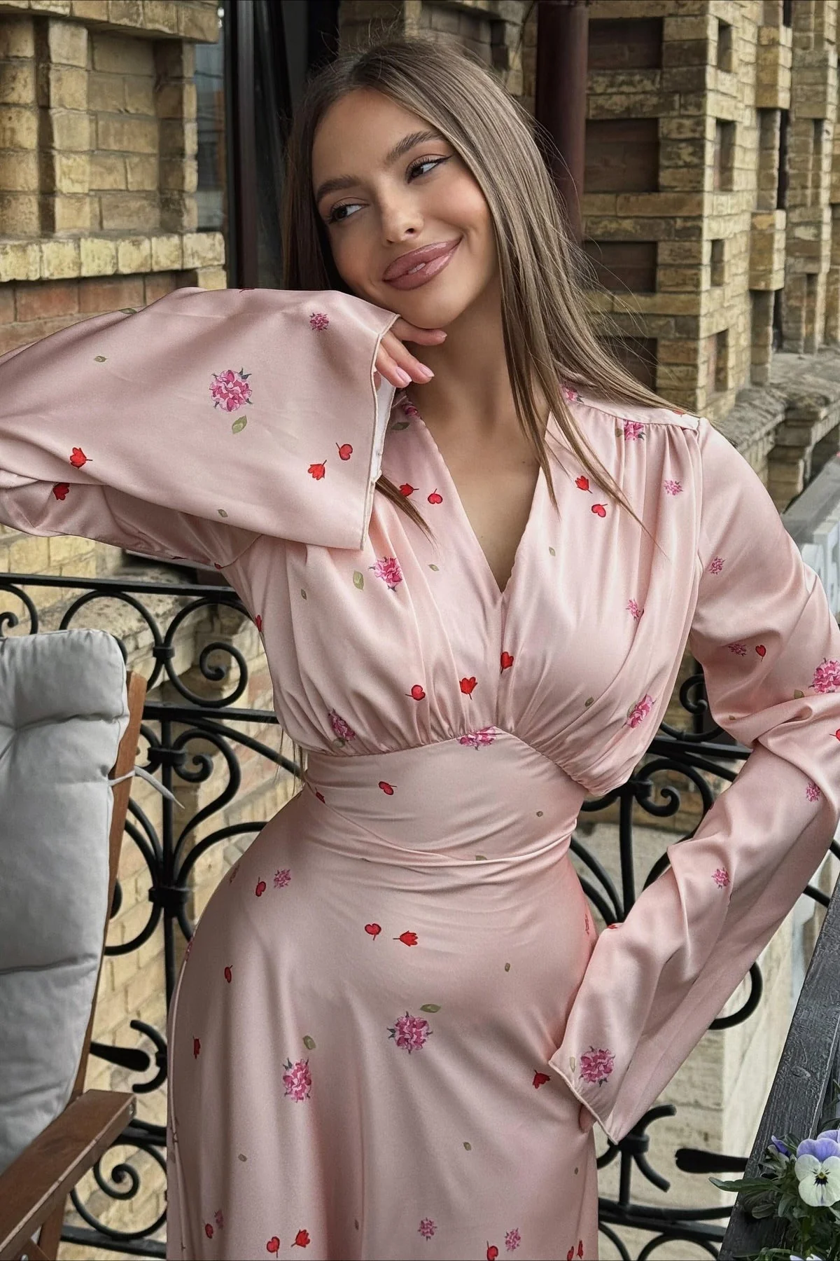Satin Floral V Neck Flared Hem Maxi Dress - Image 2