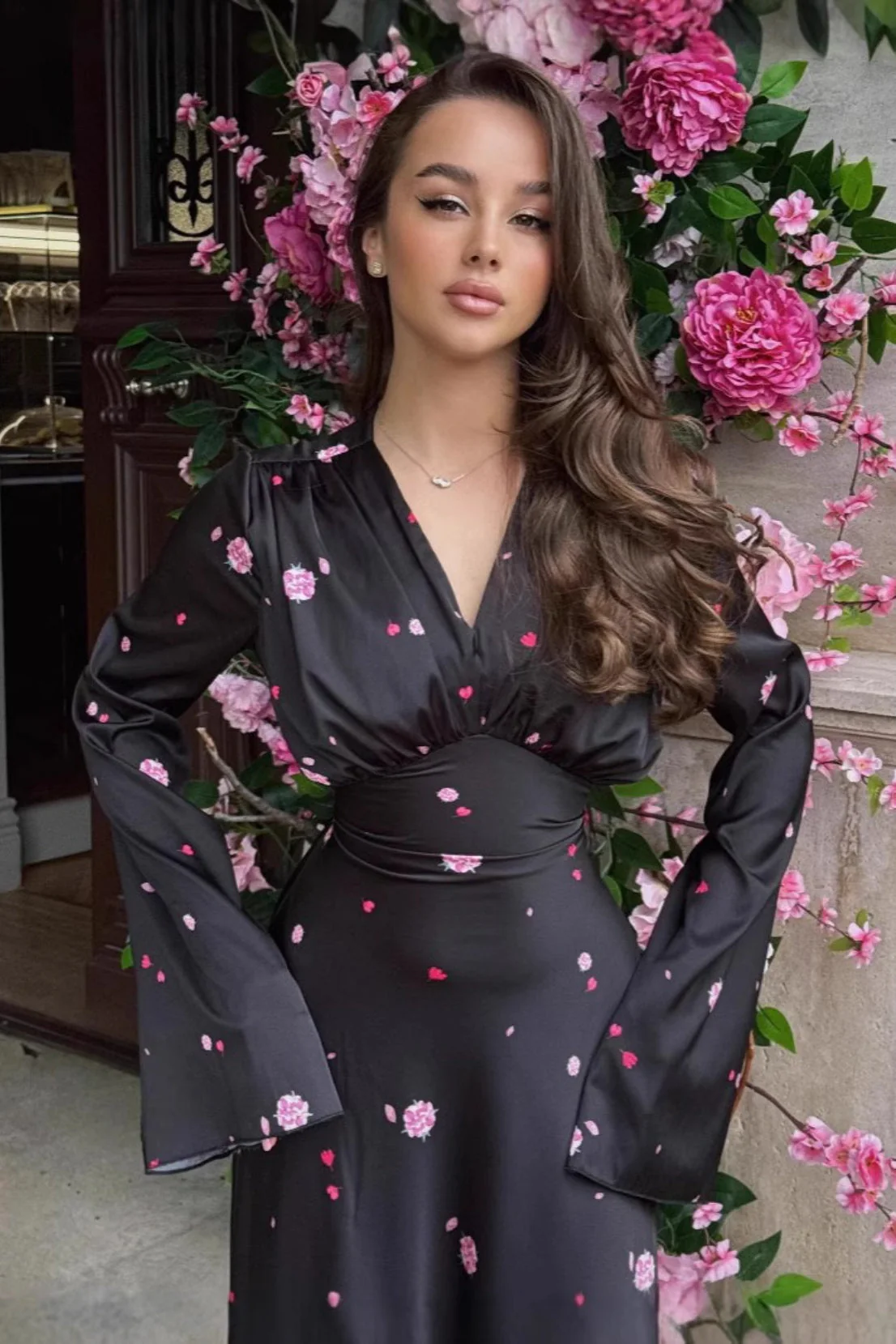 Satin Floral V Neck Flared Hem Maxi Dress - Image 4