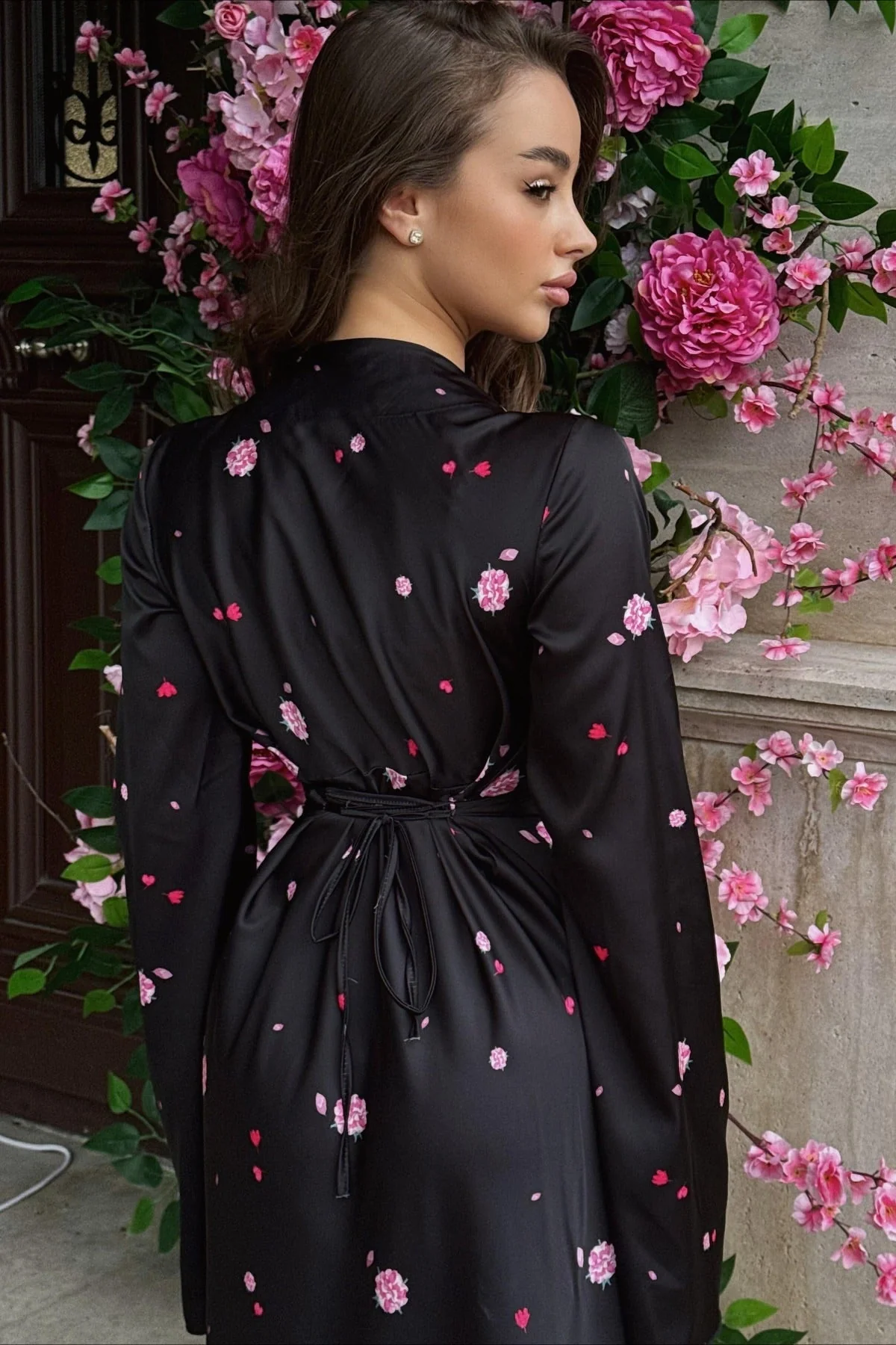 Satin Floral V Neck Flared Hem Maxi Dress - Image 5