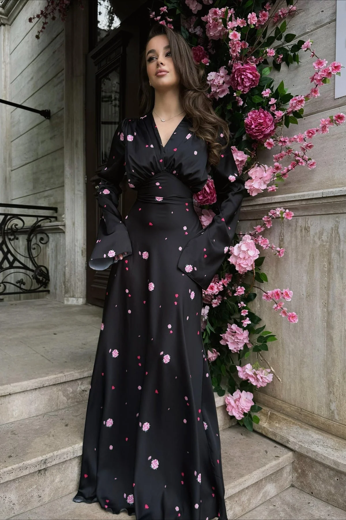 Satin Floral V Neck Flared Hem Maxi Dress - Image 6