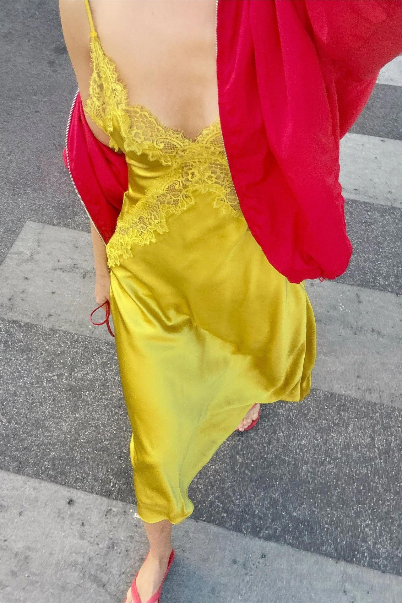 Satin Lace Trim Asymmetrical Sheer Backless Maxi Dress - Image 4