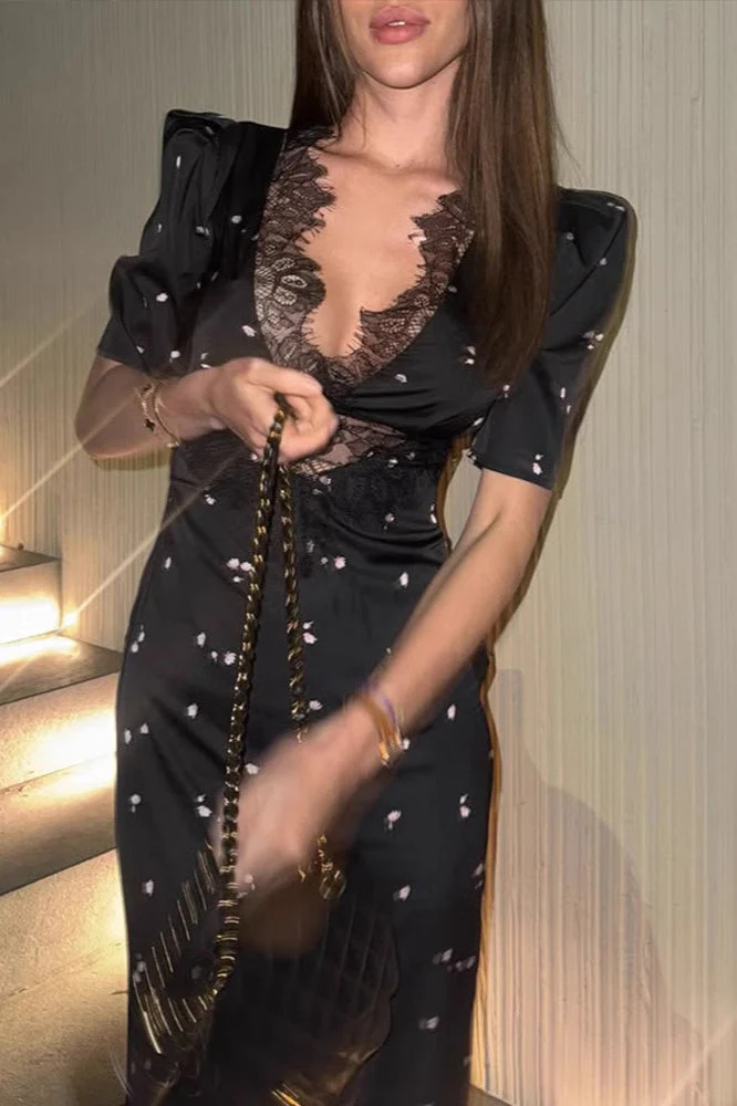 Satin Lace V Neck Cutout Polka Dot Half Sleeve Maxi Dress - Image 3