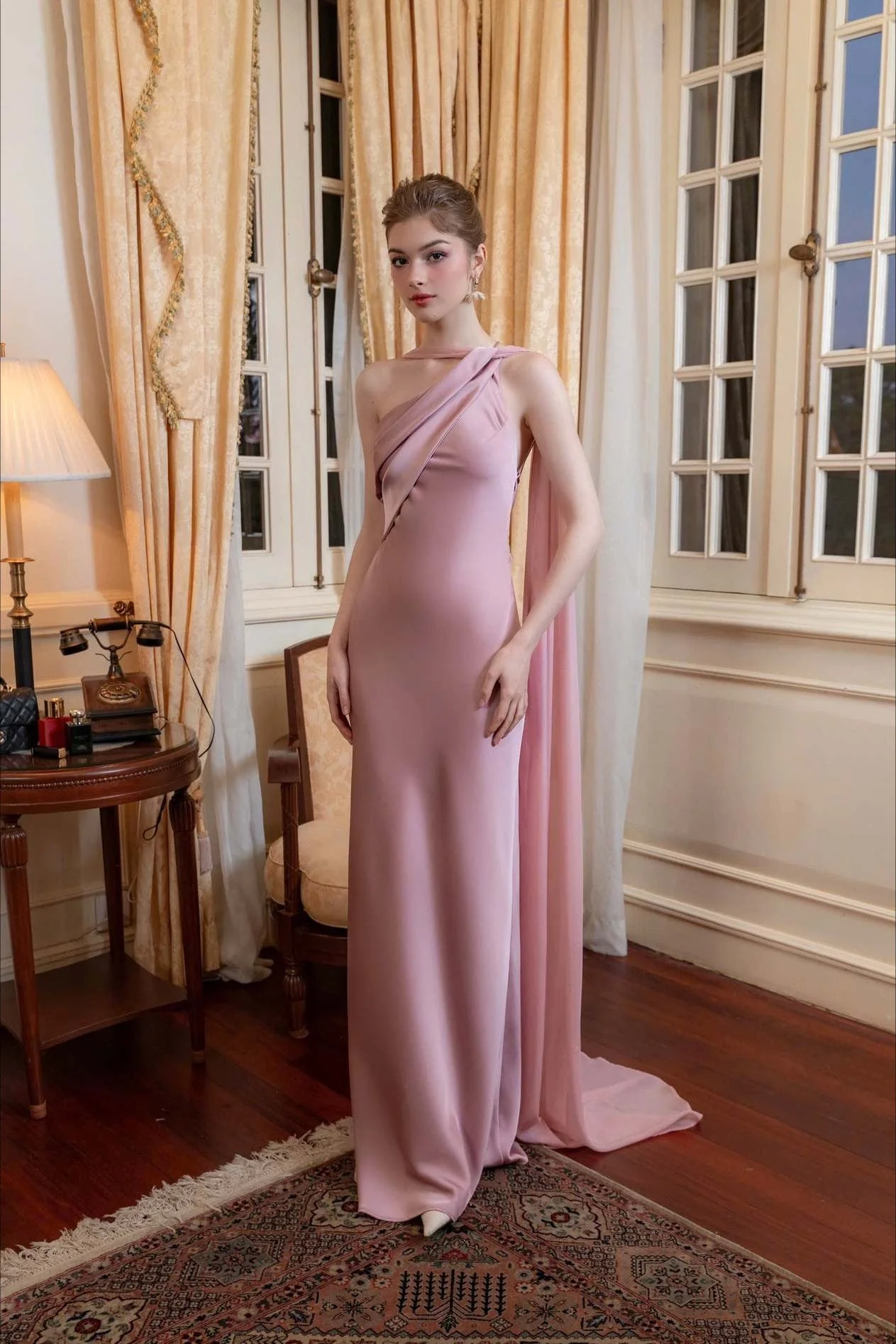 Satin Mermaid Slim Fit Elegant One Shoulder Solid Color Prom Dress - Image 5