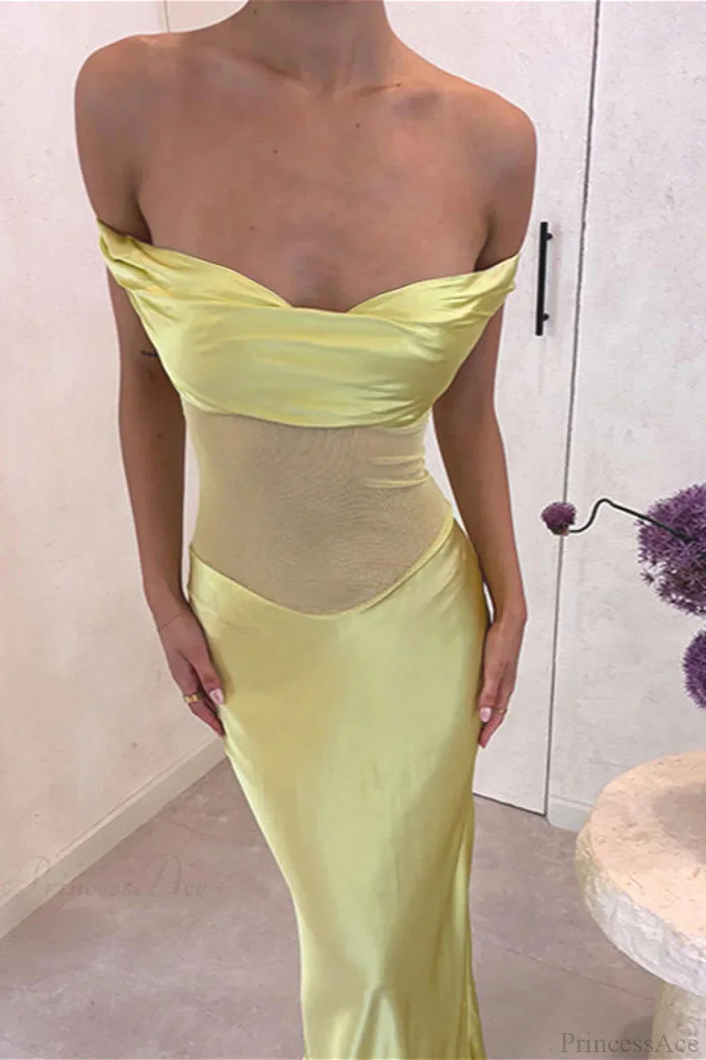 Satin Mesh Off Shoulder Elegant Maxi Dress - Image 2