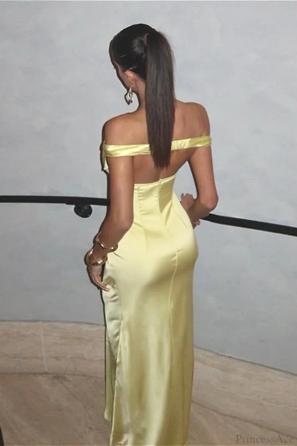 Satin Mesh Off Shoulder Elegant Maxi Dress - Image 3