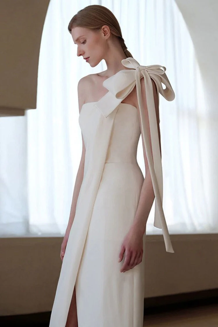 Satin Minimalist Bow High Slit Reception Dress - Image 2