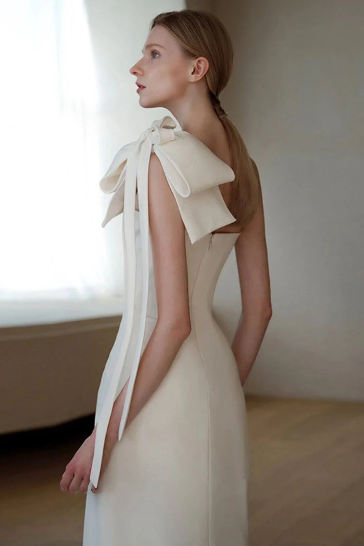 Satin Minimalist Bow High Slit Reception Dress - Image 3
