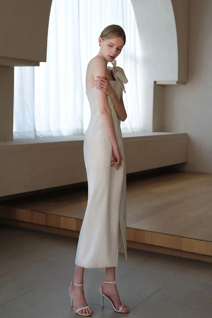 Satin Minimalist Bow High Slit Reception Dress - Image 4