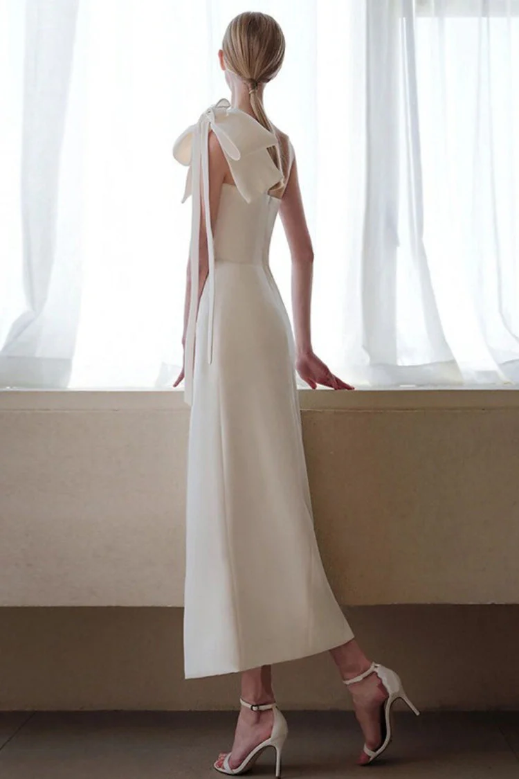 Satin Minimalist Bow High Slit Reception Dress - Image 5