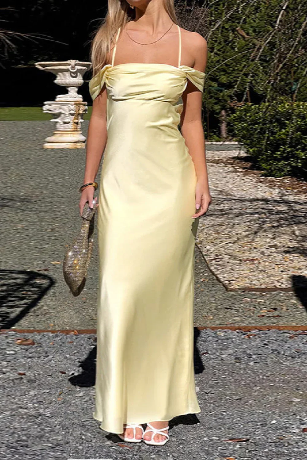 Satin Off Shoulder Backless Tie Cami Maxi Dress - Image 3