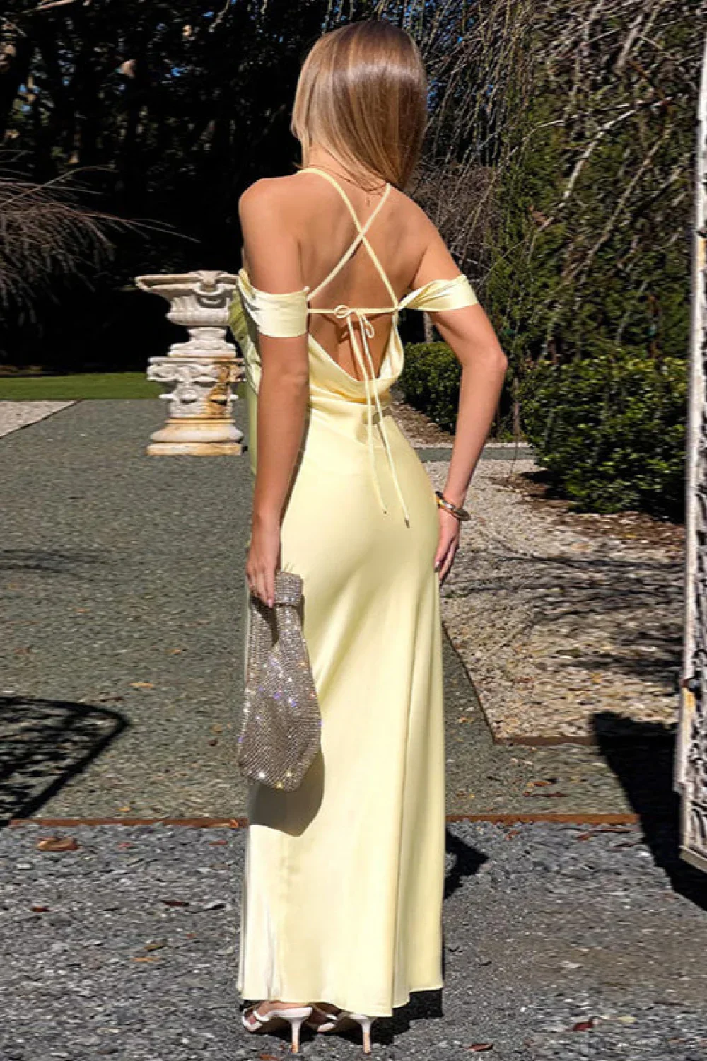 Satin Off Shoulder Backless Tie Cami Maxi Dress - Image 4