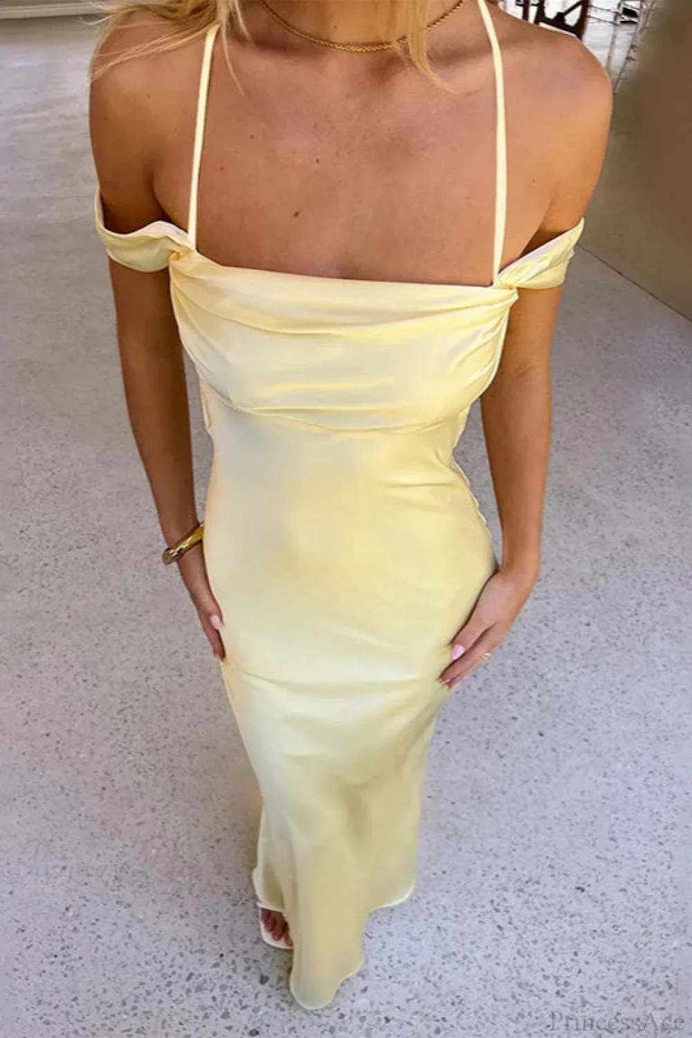 Satin Off Shoulder Backless Tie Cami Maxi Dress - Image 5