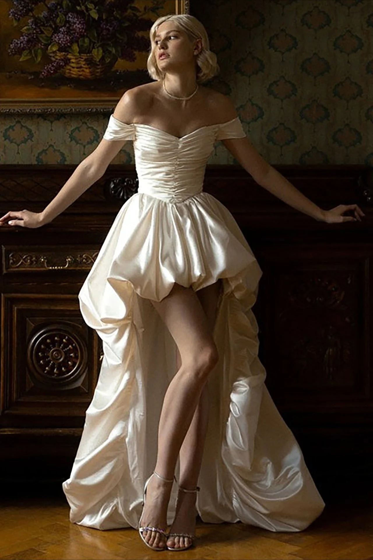 Satin Off Shoulder High Low Reception Dress - Image 2