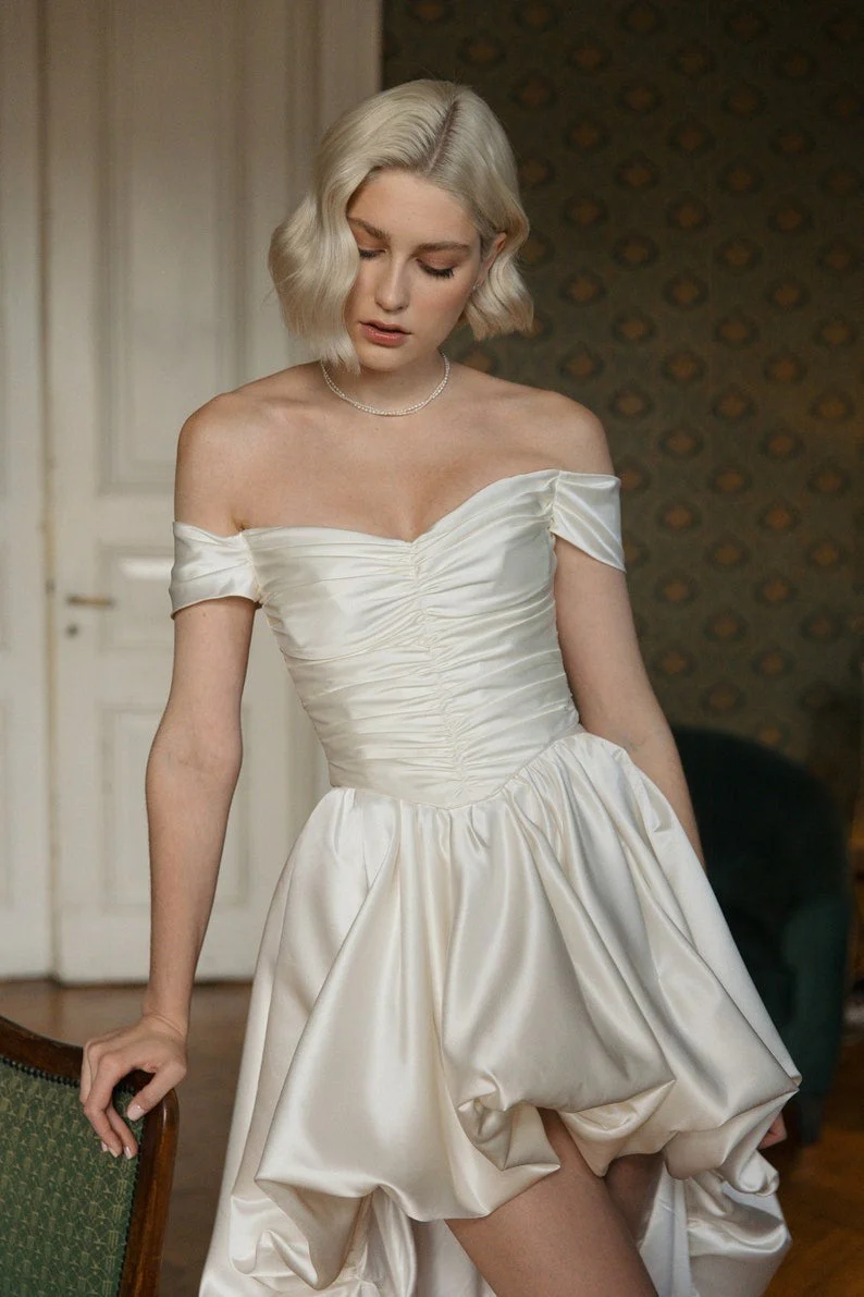 Satin Off Shoulder High Low Reception Dress - Image 3