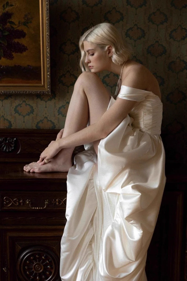 Satin Off Shoulder High Low Reception Dress - Image 5