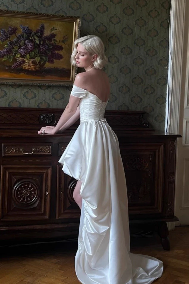 Satin Off Shoulder High Low Reception Dress - Image 7