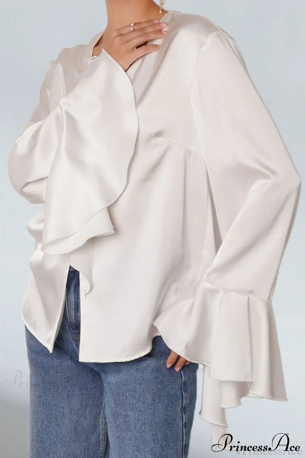 Satin Ruffled Solid Color Blouse - Image 2