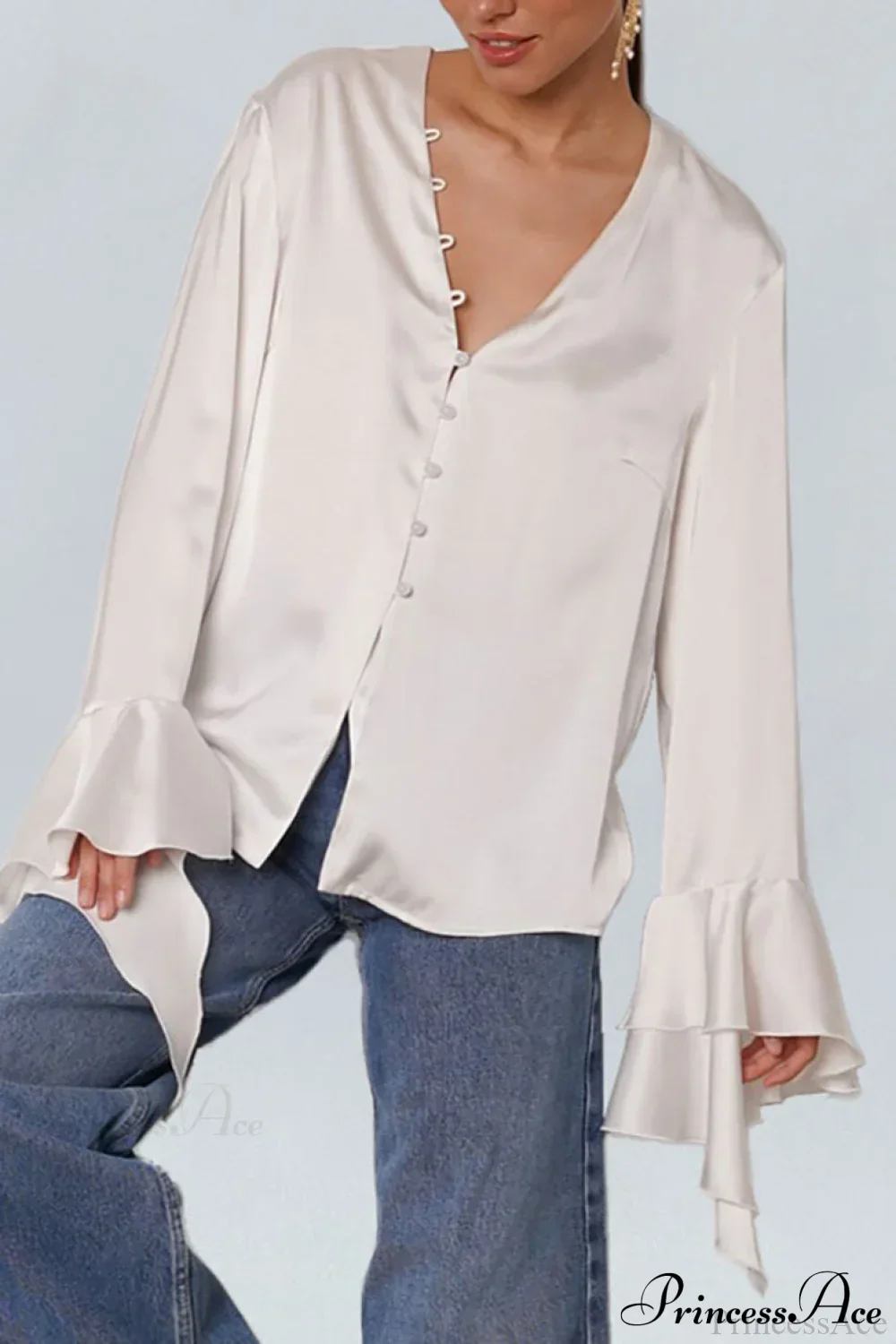 Satin Ruffled Solid Color Blouse - Image 3