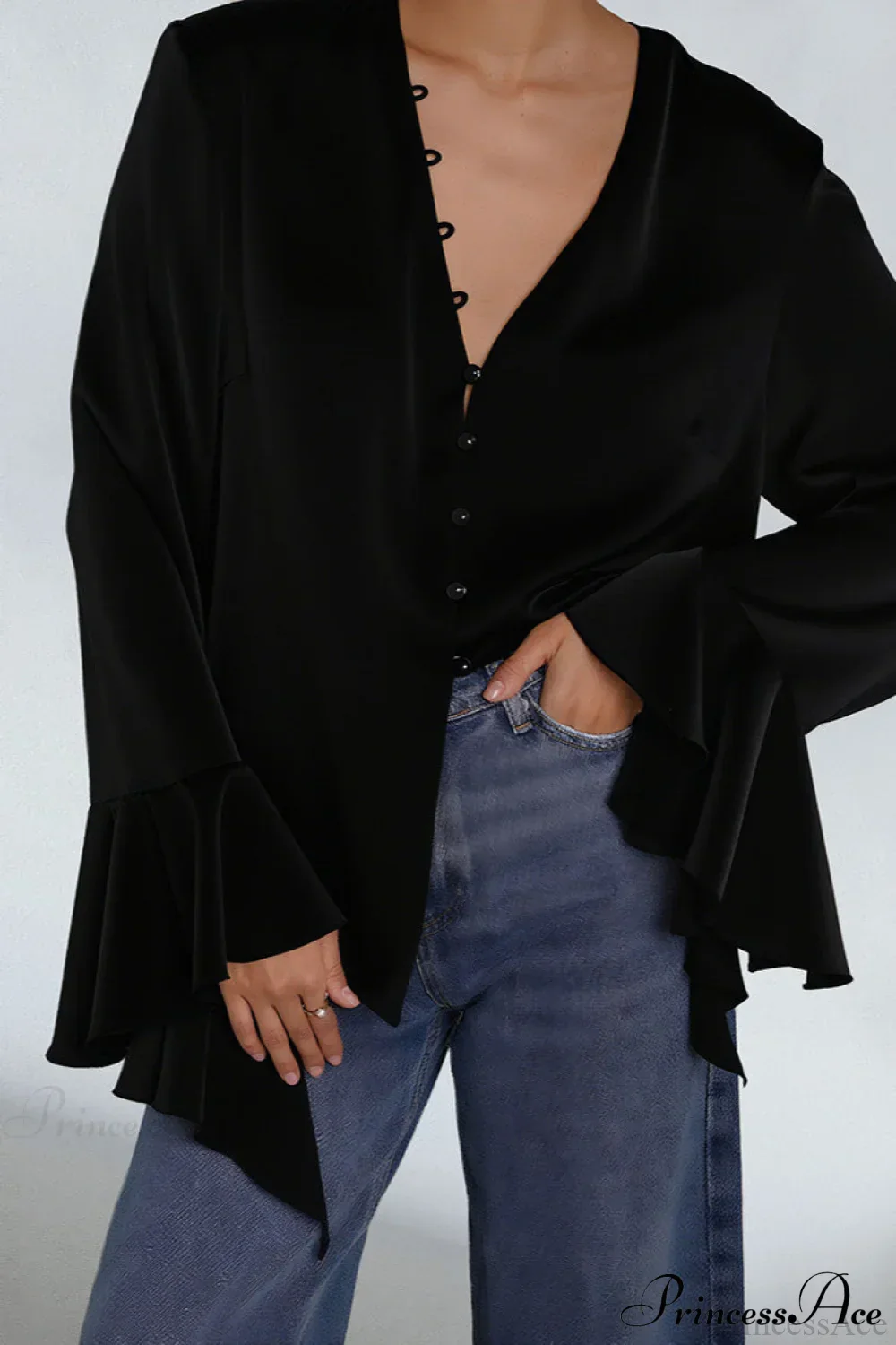Satin Ruffled Solid Color Blouse - Image 4