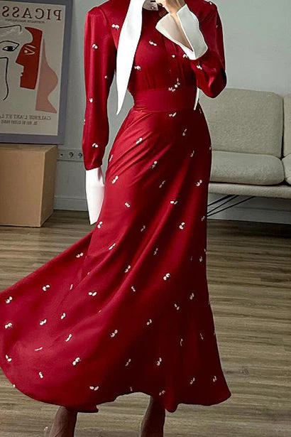 Satin Ruffled V Neck Cinched Waist Elegant Floral Dress - Image 2