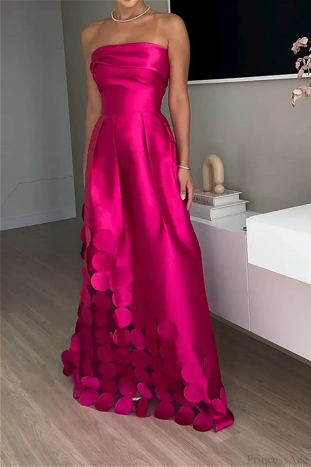 Satin Sequined Paneled Strapless High Waist Evening Dress - Image 2
