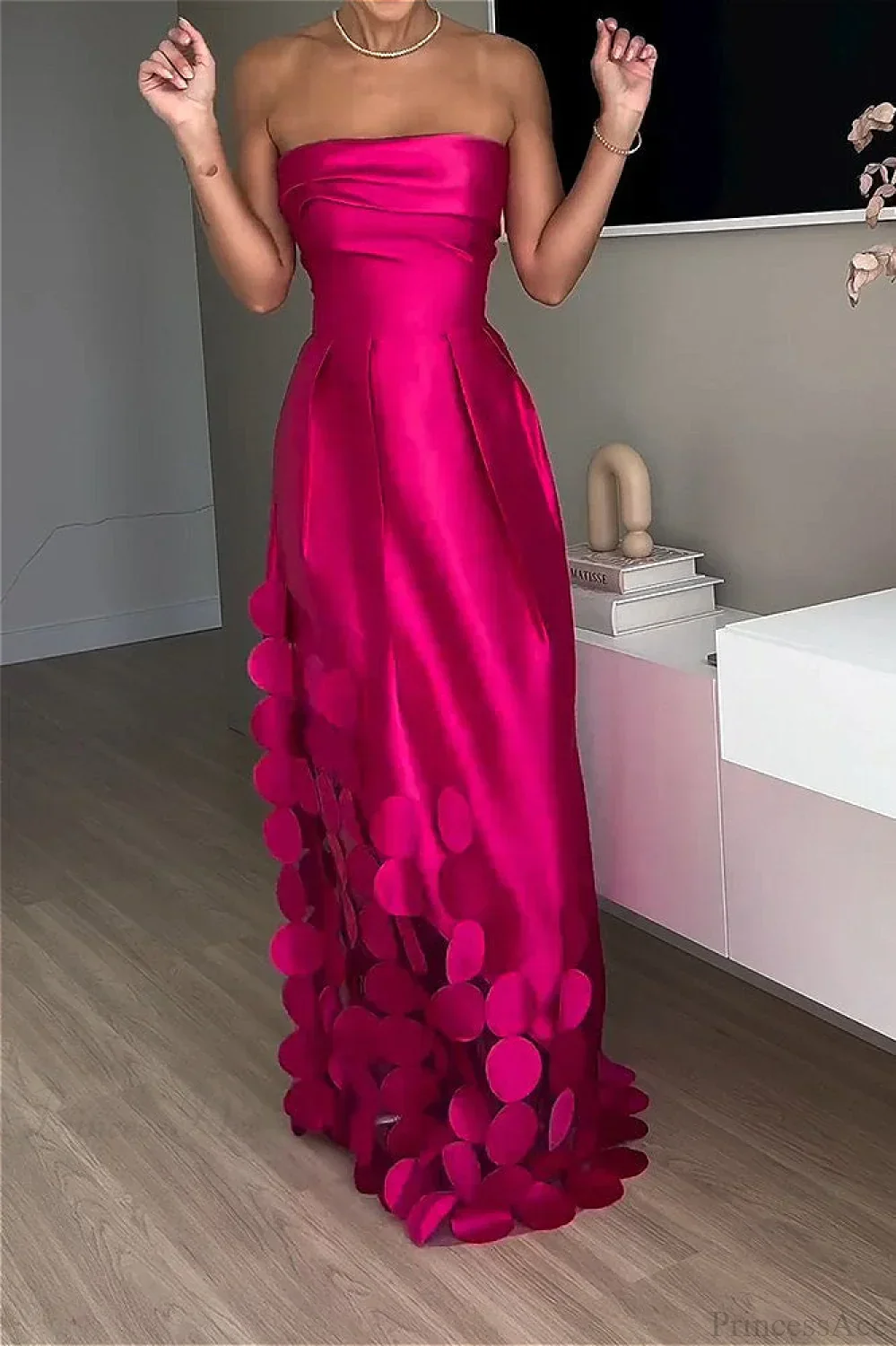 Satin Sequined Paneled Strapless High Waist Evening Dress - Image 3