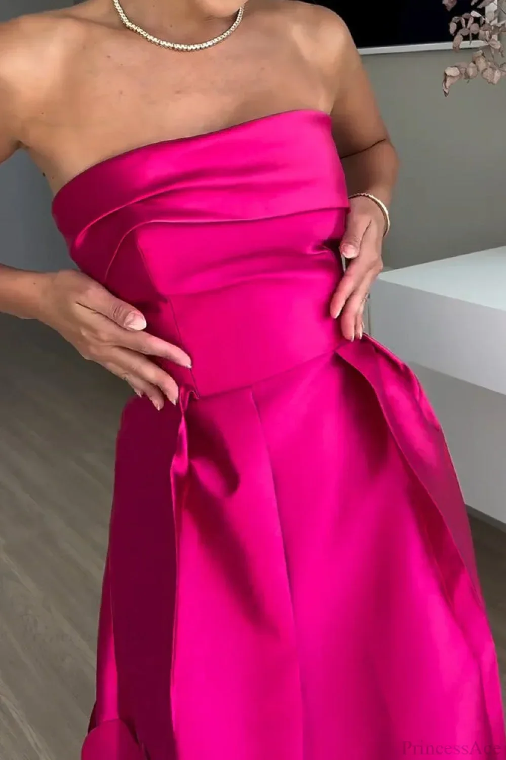 Satin Sequined Paneled Strapless High Waist Evening Dress - Image 4