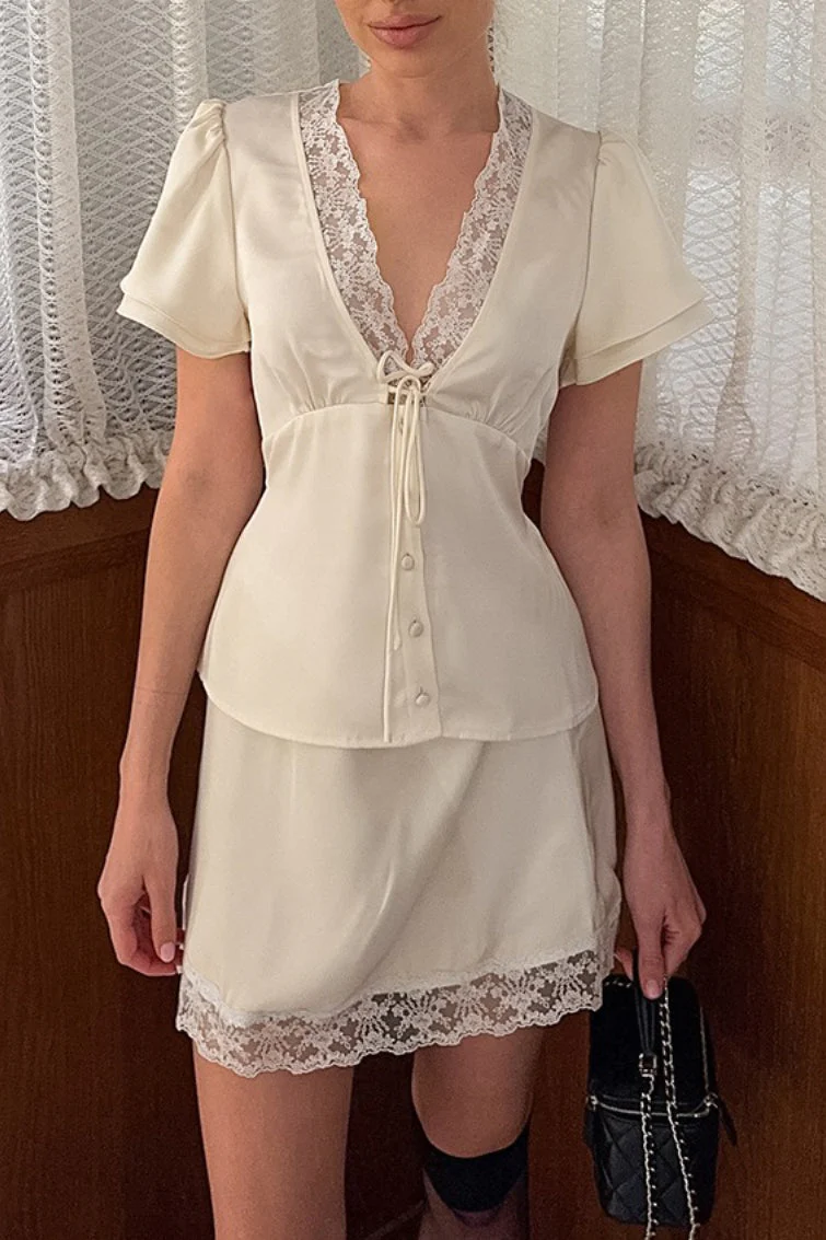 Satin Silk-Like Lace V-Neck Waist Tie Skirt Set - Image 6