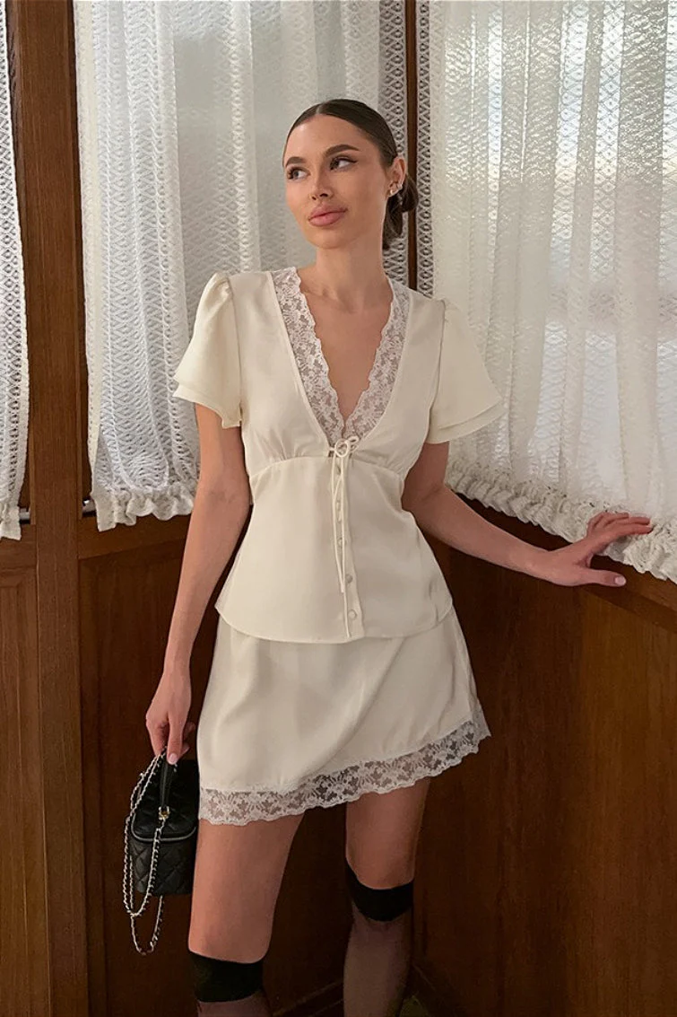 Satin Silk-Like Lace V-Neck Waist Tie Skirt Set - Image 7