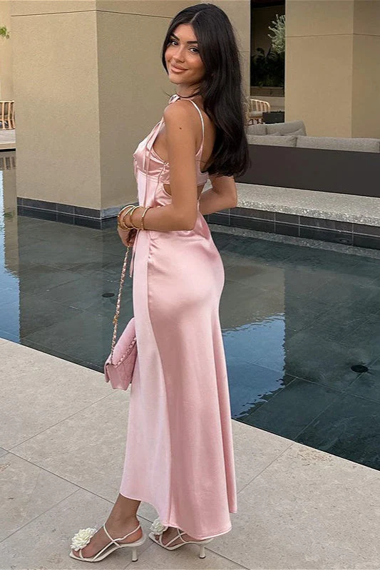 Satin Solid Strapless V Neck Tie Maxi Dress - Image 3