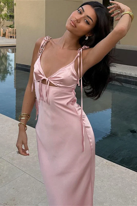 Satin Solid Strapless V Neck Tie Maxi Dress - Image 4