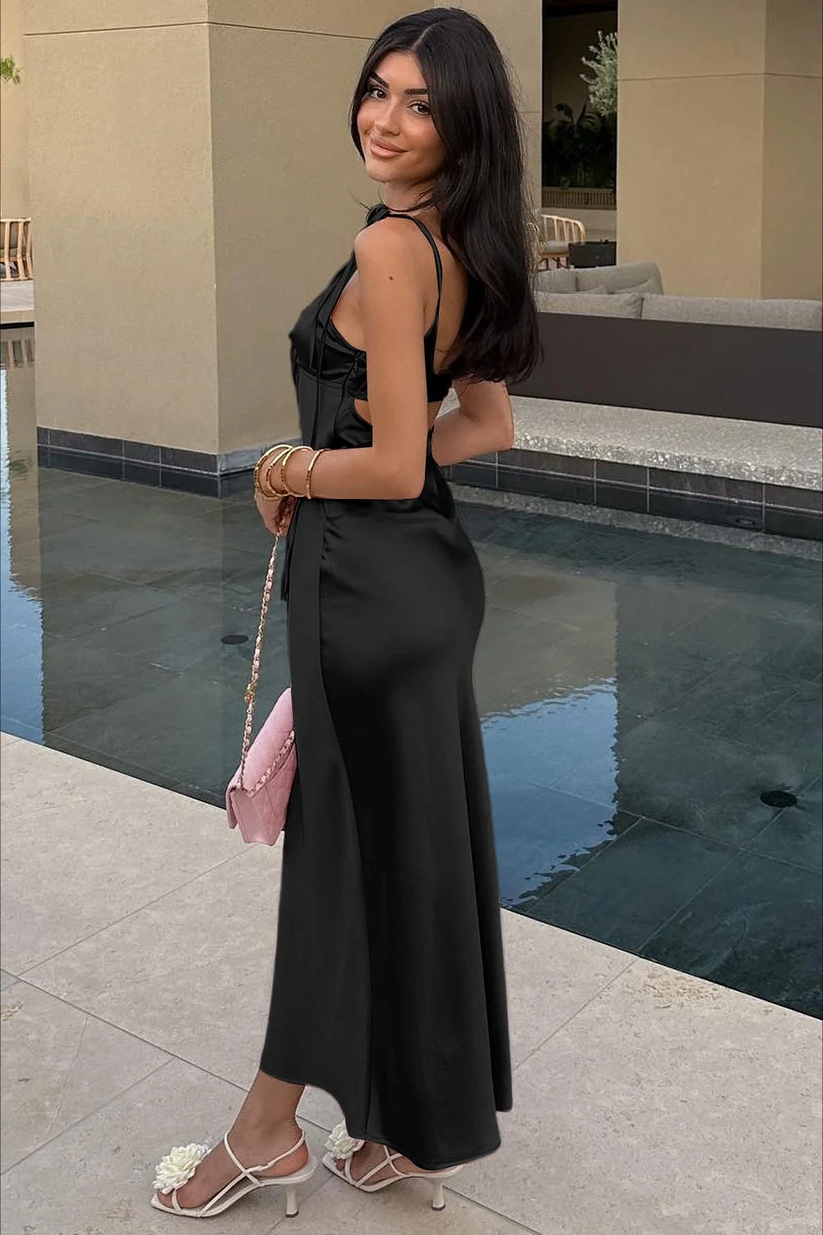 Satin Solid Strapless V Neck Tie Maxi Dress - Image 7