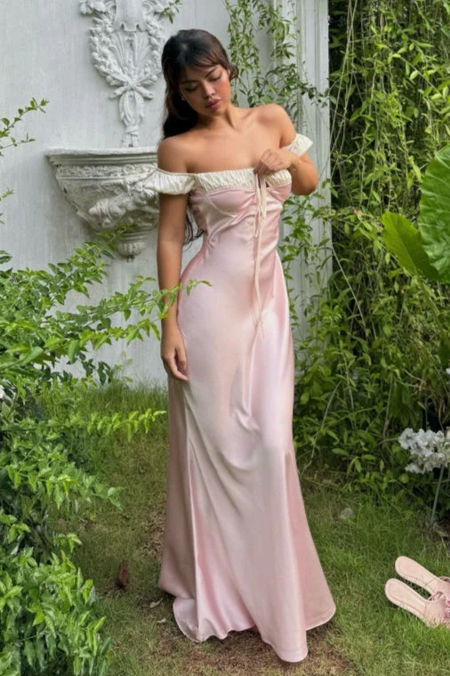 Satin Strapless Tie Slim Romantic Maxi Dress - Image 2