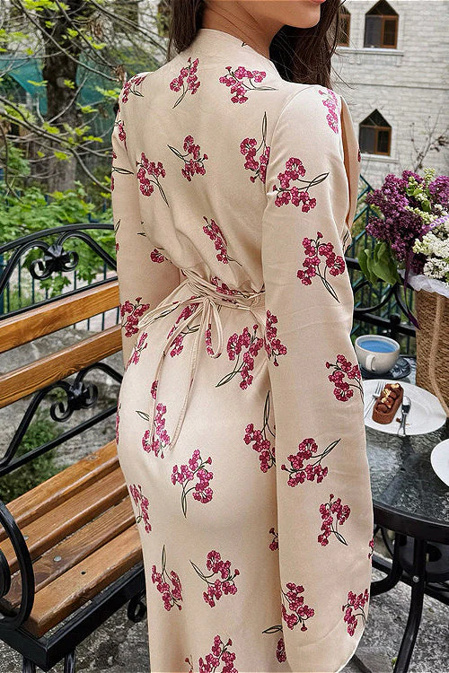 Satin V Neck Long Sleeve Tie Waist Elegant Maxi Floral Dress - Image 3